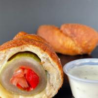 Bloody Mary Dill Dough · Cored Dill Pickle stuffed with Celey salt flavored Tomato, and Sweet Peppers rolled in a Spi...