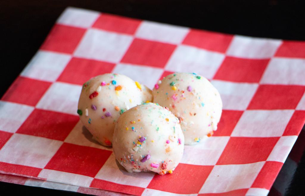Birthday Cake Balls (3 Pc) · Fondant and Sprinkles covered Angel Food Cake.