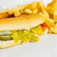 Hot Dog With Fries · Ketchup, mustard, relish, onion and sport peppers.