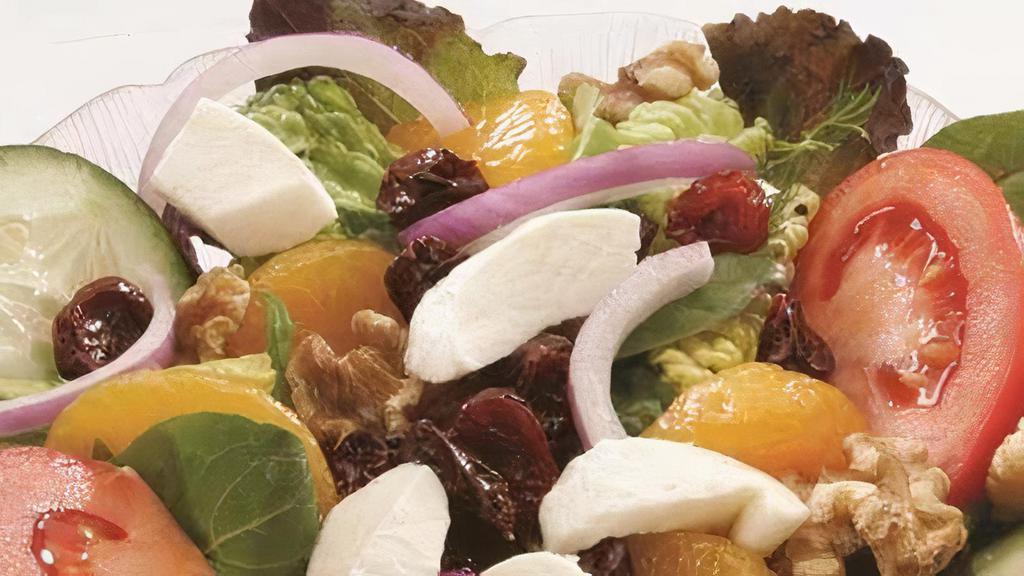 Michigan Salad · Spring mix, dry cherries, Mandarin oranges, walnuts, tomato, cucumber, onions, mozzarella cheese and raspberry vinaigrette dressing.