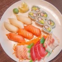 Sushi & Sashimi Combo · Six pieces sushi, nine pieces sashimi and one California roll.
