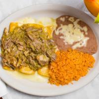 Enchiladas Suizas · Three cheese enchiladas topped with pork and chile verde sauce.Served with rice and beans.