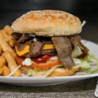 Gyro Cheeseburger · Includes fries and soda.
