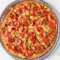 The Italian Stallion · Housemade sage sausage, pepperoni, roasted green olives, fresh onions, crisp red and green b...