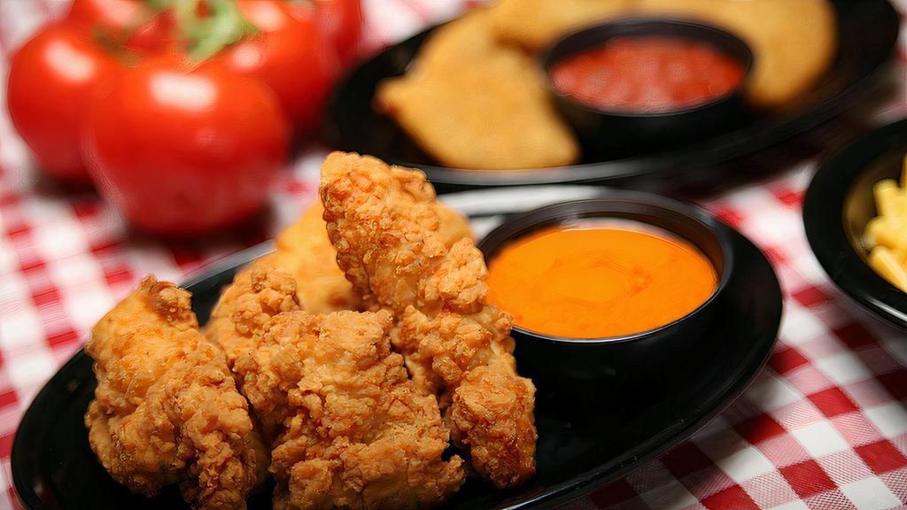 Boneless Chicken Tenders (Small) · Boneless tenders spun in your favorite sauce or served with sauce on the side for dipping. Served with your choice of Blue cheese or ranch.
