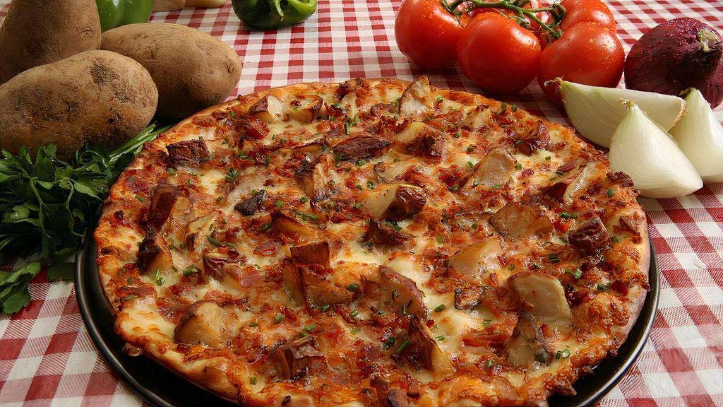 Loaded Baked Potato Pizza · If you like potato skins, you will love this! Garlic butter, Cheddar cheese blend, roasted redskin potatoes and bacon topped with chives. Serves with sour cream on the side.