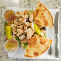 Greek Salad With Chicken Breast · Romaine and iceberg lettuce with tomato, cucumber, red onion, red cabbage, green pepper, fet...