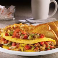 Ultimate Omelette® · Sausage, bacon, fire-roasted bell peppers & onions, mushrooms, tomatoes and Cheddar cheese. ...