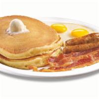 Original Grand Slam® · Two buttermilk pancakes, two eggs,* two bacon strips and two sausage links.