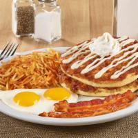 Cinnamon Roll Pancake Breakfast · Buttermilk pancakes cooked with cinnamon crumb topping and topped with whipped cream and cre...