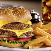 Double Cheeseburger · Choice of American, Swiss or Cheddar cheese with lettuce, tomato, red onions and pickles on ...