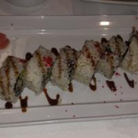 Shrimp Roll · Tempura shrimp, avocado, cucumber, crab, furikake, wasabi peas, masago, spicy mayo.