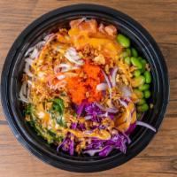 Omega 3 · White rice, spicy mayo, *salmon (raw), crab sticks, edamame, red onion, red cabbage, squid s...