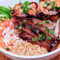 Bún Tôm Thịt Nướng · Rice vermicelli with marinated grilled pork and jumbo shrimp.