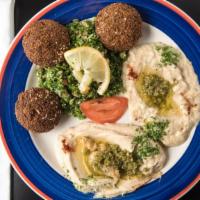 Vegetarian Combination Plate (Large) · Hummus, baba ganoush, salad and 3 pcs of falafel. Served with pita bread.