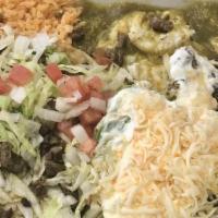 Enchiladas (4) · Served with rice and beans (servidas con arroz y frijoles).