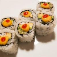 Spicy California Roll · Rolled with avocado, cucumber, crab and spicy sauce on top. 

Consuming raw fish may increas...