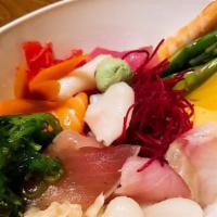 Chirashi Sushi · Assorted raw fish and delicacies on a sushi rice bowl. 

Consuming raw fish may increase the...