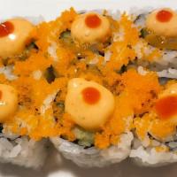 Spicy Scallop Roll With Masago · Consuming raw fish may increase the risk of foodborne illness.