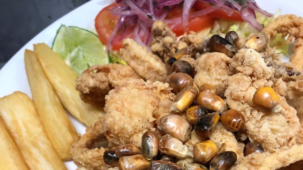 Jalea Mixta · Crispy seasonal fish, squid, shrimps, calamari.  Served with yuca, salsa criolla and tartar sauce.