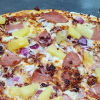 Hawaiian Bbq Pizza · Ham, Bacon, Pineapple, Red Onions, Made with House BBQ Sauce.