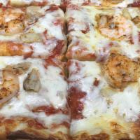 Seafood Pizza · Shrimp & Crab Meat with a Cajun Crust.