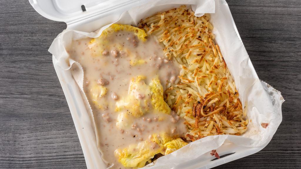 Southern Omelette · Onions, green peppers, cheese, sausage & gravy.