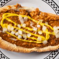 Coney Island Hot Dog · Our famous hot dog with hearty chili, mustard and onions.