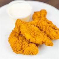 Chicken Tenders · Five pieces with fries served with ranch and pizza sauce.
