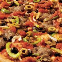 The Works Pizza Large · Italian sausage, pepperoni, fresh mushrooms, onions, green peppers, black and green olives a...