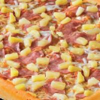 Hawaiian Pizza Large · Canadian bacon and pineapple smothered with mozzarella cheese. 290/300 cal/piece.