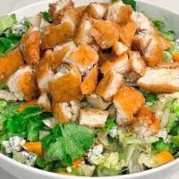 Crispy Chicken Salad · House Lettuce mix, shredded carrots, sliced celery, bleu cheese and fried chicken bites. Cho...