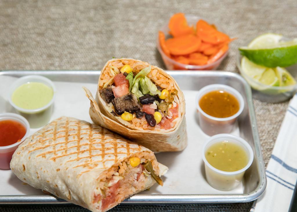 Y.O. Burrito · Literally, build your own burrito! pick your favorite meat and add any of the following ingredients: rice, beans, lettuce, tomato, cilantro, onions, pico de gallo.