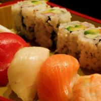 Sushi Regular · California roll, five piece nigiri.