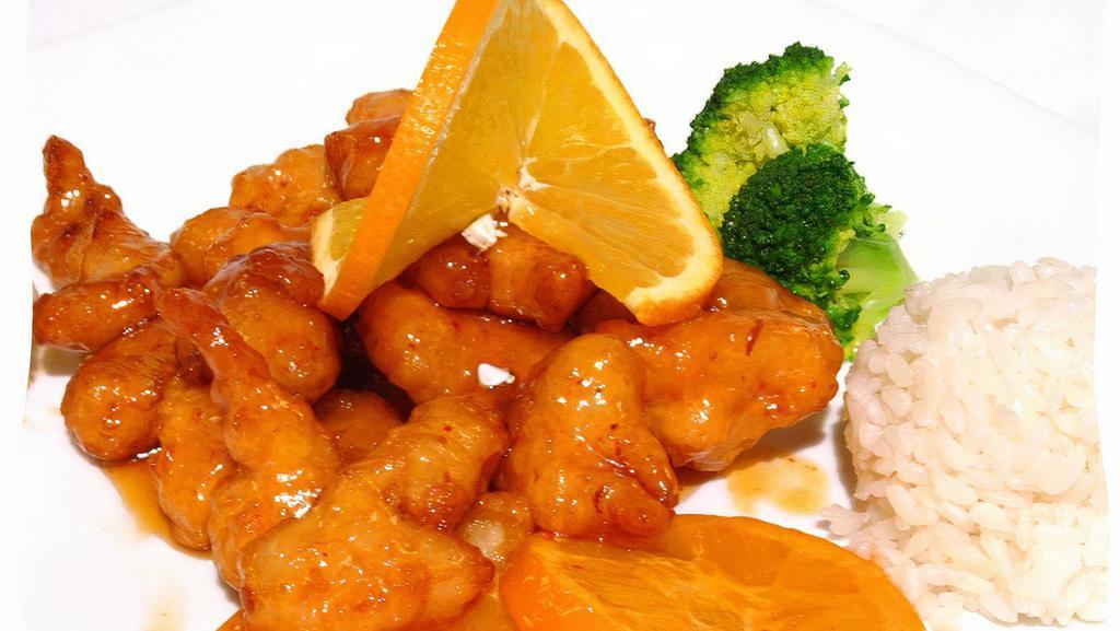 Sweet & Spicy Chicken · Mandarin style chicken breaded, fried and seasoned with sweet and spicy sauce, served with steamed white rice.