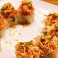 Red Volcano Roll · Hot. Tempura crabmeat, cream cheese, with spicy tuna & crabmeat, jalapeno.