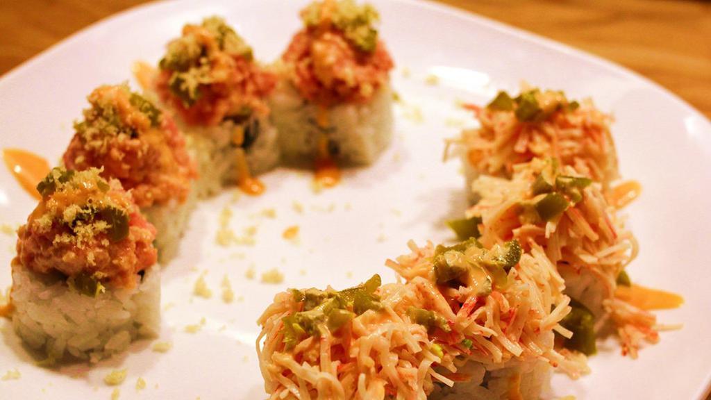 Red Volcano Roll · Hot. Tempura crabmeat, cream cheese, with spicy tuna & crabmeat, jalapeno.