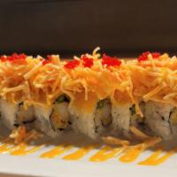 Sushiyama Special Roll · Hot. Tempura shrimp, asparagus, crunch chips, topped with spicy chopped crabmeat.