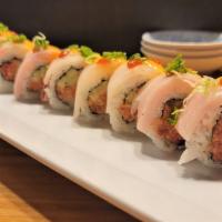 Ladybug Roll · Hot. Cucumber, spicy tuna, topped red snapper, yellowtail, scallions.