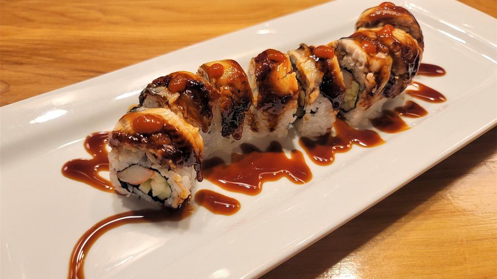 Black Dragon Roll · Cucumber, temoura shrimp, topped with eel.