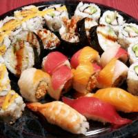 Sunrise Platter · 6pc California roll, 6pc spicy roll, 6pc rainbow roll, 6pc shrimp tempura roll, 3pc nigiri. ...
