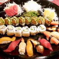 Sashimi & Sushi Combo Tray · 15pc sashimi, 10pc nigiri, 6pc California roll, 8pc hana roll. Total 39 pieces.