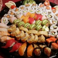 Moonlight Party Tray · 6pc California roll, 6pc spicy tuna roll, 6pc spicy salmon roll, 6pc eel avocado roll, 8pc h...