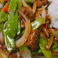 Beef With Peapods · Beef with onions, celery and snow pea pods.