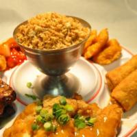 Wing Lauk Special Platter · Includes wonton or egg drop soup and cookies. Two egg rolls, almond chicken, Barbeque spare ...