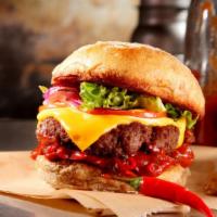 Spicy Burger · Hot burger served with jalapeño poppers, cheese, coleslaw, ketchup and Thousand island sauce...