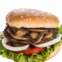 Albasha Burger · Delicious burger topped with mushrooms, green peppers, onions, cheese, coleslaw, ketchup, an...
