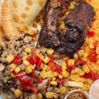 Sampler.. · Taste our paella with:. 1.Empanada. 1.rib, & our loaded french fries served with our chimich...
