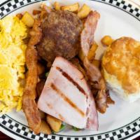 Oklahoma Breakfast · 2 eggs, 1 bacon,  sausage, 1 ham, okie potatoes, biscuits & gravy.