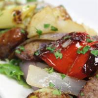 Sausage & Peppers · Pan fried hot and sweet peppers, potato and onions.